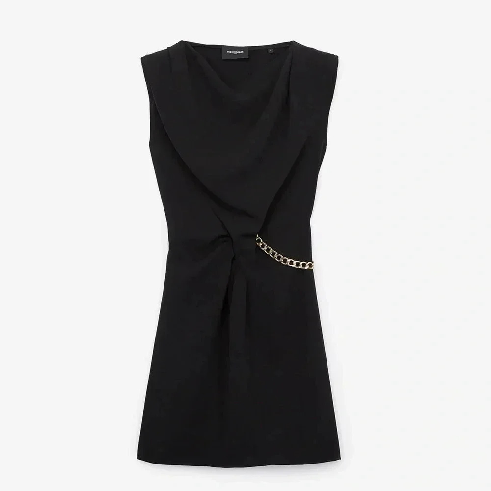 The Kooples Sleeveless Draped Black Dress with Epaulettes and Chain Detail Sz. 3